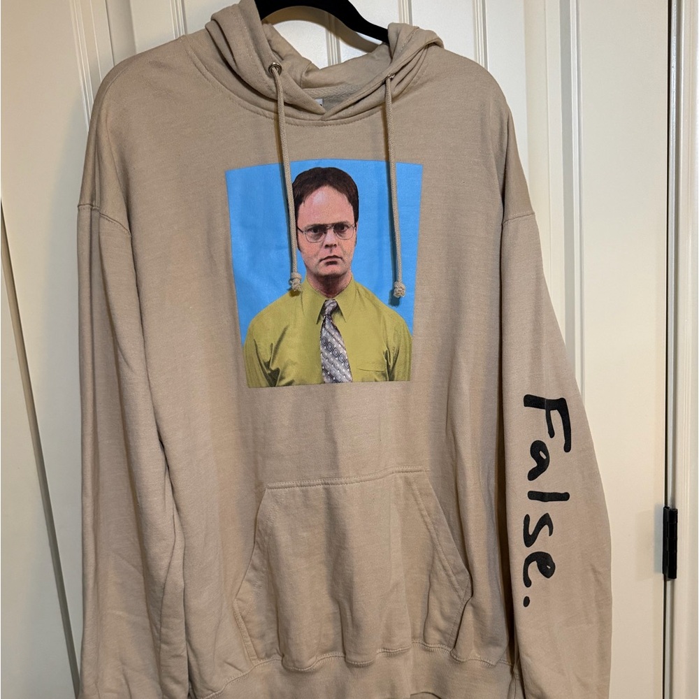 Official Dwight Schrute Hoodie with “False” print on left sleeve.